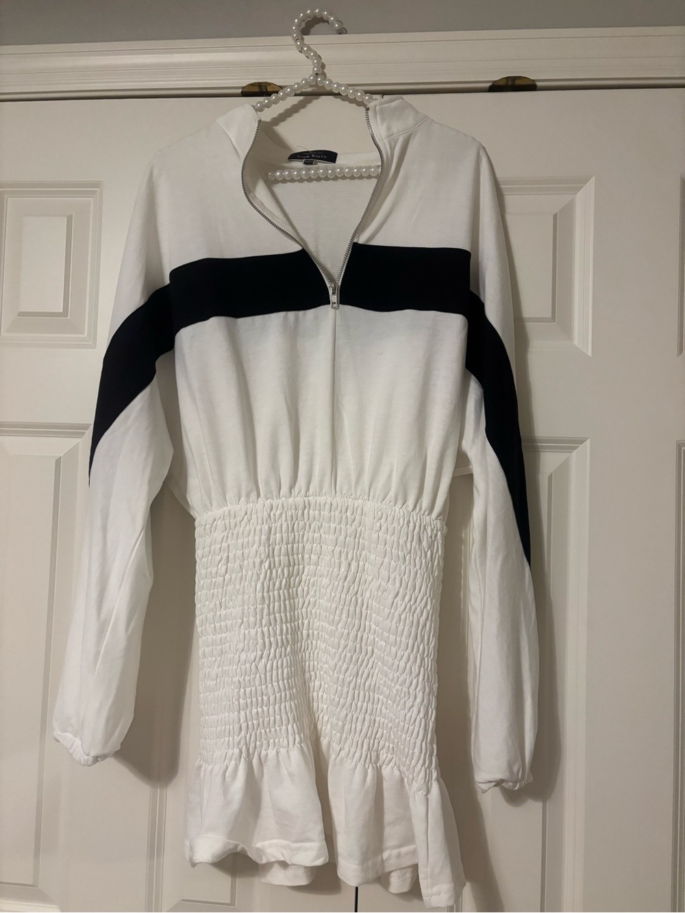 Blue Blush White Long-Sleeve Smocked Waist Dress with Black Stripe
